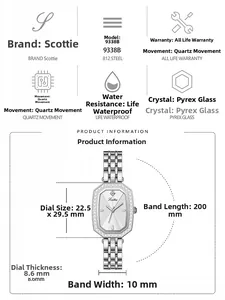 Technisches Diagramm der 9338B Damenuhr mit Maßen von 22,5x29,5mm für das achteckige Gehäuse