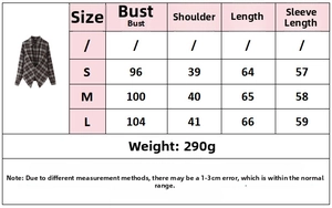 Size chart showing bust, shoulder, and length measurements for plaid shirts in cm