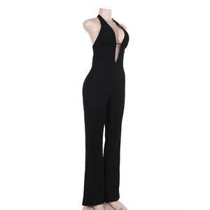Side view of black slim-fit jumpsuit with deep V-neck and halter neck design on mannequin