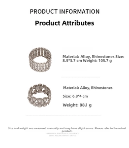 Detailed view of luxury wide rhinestone stretch bracelets with product measurements