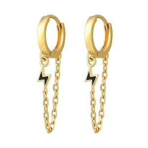 Detailed view of S925 silver needle gold lightning earrings with black enamel and chain