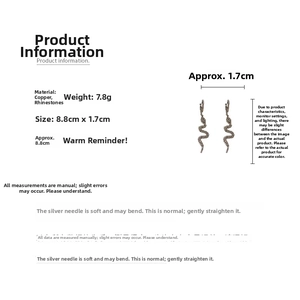 Detailed sizing chart for snake earrings showing 8.8cm length and copper materials