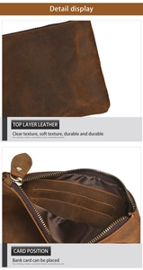 Detail display of brown top layer leather wallet showing card slots and smooth texture