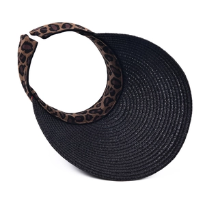 Chic black straw sun visor with leopard print trim for outdoor sun protection and style