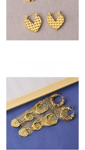 Collection of golden titanium earrings with heart shapes and textured hoop designs
