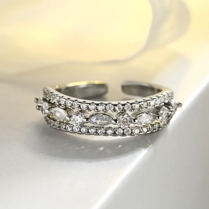 Elegant silver multi-layer open ring with marquise and round-cut cubic zirconia crystals