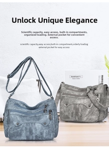 Close-up of vintage multi-pocket shoulder bag featuring durable washed leather texture