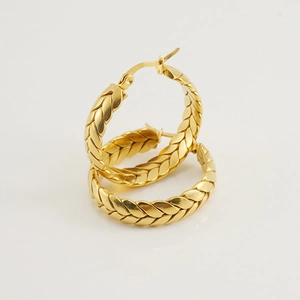 18K gold plated stainless steel hoop earrings with wheat ear woven texture for women