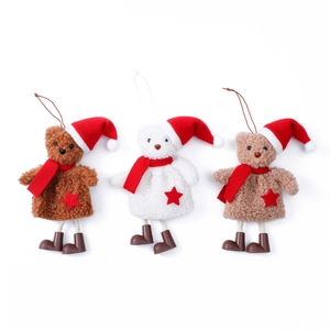 Three Christmas plush bear pendants with red hats and scarves for tree decoration