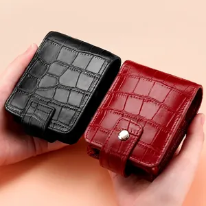 Mini PU leather lipstick case with mirror and crocodile pattern in red and black