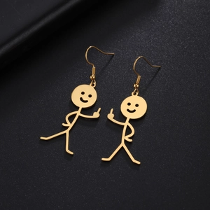 Minimalist gold stainless steel stick figure earrings with middle finger gesture on black