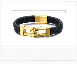Detail of black woven leather men's bracelet with 215mm length and 12mm width specs