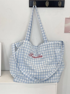 Blue and white plaid tote bag with Sozakka embroidery and dual shoulder straps