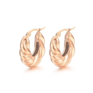 French vintage style rose gold twisted croissant hoop earrings for women on white background