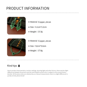 Detail chart of green zircon wheat heart necklace and earrings with product dimensions