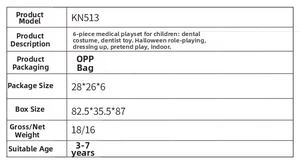 Specifications table for kids role play set with size, model KN513 and age range details