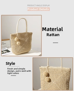 Detail shot of handwoven raffia straw tote bag showing tight weave and pom-pom charms