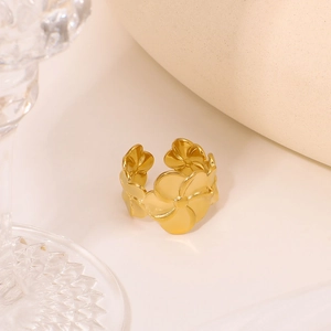Elegant gold plated stainless steel open ring with glossy five petal frangipani design