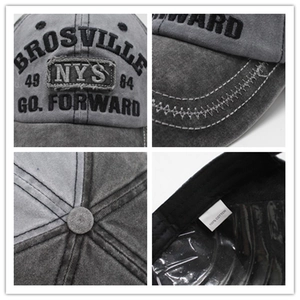 Detailed views of cotton baseball cap with vintage embroidery and 100% cotton wash label