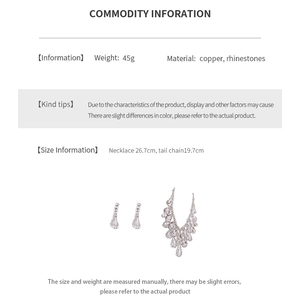 Detail specifications of rhinestone teardrop necklace and earrings set with size info