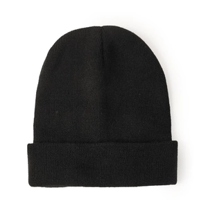 Close-up of black knitted beanie showing detailed texture and classic cuffed design