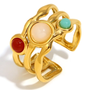 Adjustable 18K gold plated double-layer wavy ring with colorful round zircon stones