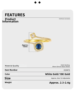 Detailed view of S925 sterling silver ring with blue zircon and white sparkling stones