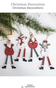Detailed view of four painted Christmas pendants with long legs and rustic ropes