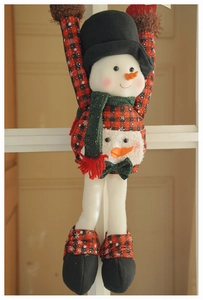 Detail of cute long-legged snowman ornament with red-black plaid clothes and top hat