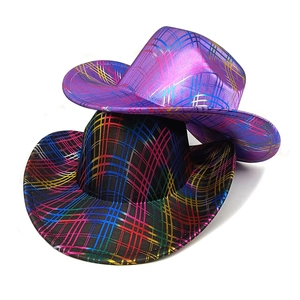 Western disco party cowboy hats featuring shiny rainbow grid patterns in black and purple