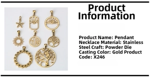 Detailed view of eight gold stainless steel charms including star and tree of life motifs