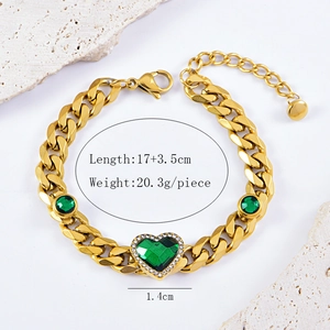 Detail view of gold chain bracelet with green heart stone and dimensions 17 plus 3.5cm
