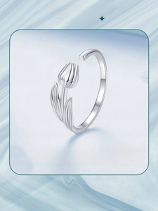 Macro detail of silver tulip open ring showing fine floral petals and leaf textures