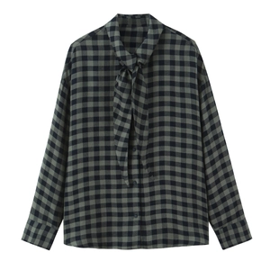Women Plaid Blouse Long Sleeve Tie Neck Bow Polyester Button Down Casual Shirt Tops