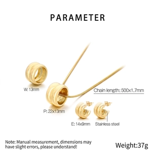 Detailed view of golden stainless steel cylinder jewelry set with specific dimensions