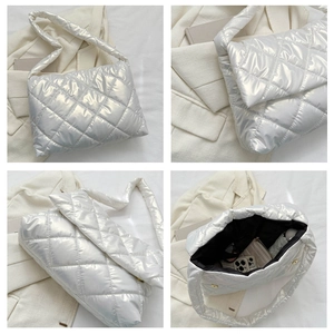 Detailed views of silver quilted puffer bag showing interior and flap closure