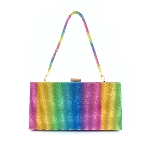 Rainbow gradient rhinestone clutch bag with matching diamond handle and gold hardware