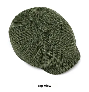 Top view of classic green herringbone newsboy cap with center button detail