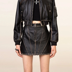 Mini Jupe En Similicuir Vieilli Pour Femmes Taille Haute Fermeture Éclair Streetwear Style Punk Vintage