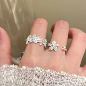 Colorful zircon flower open ring with enamel petals and macaron tones for women