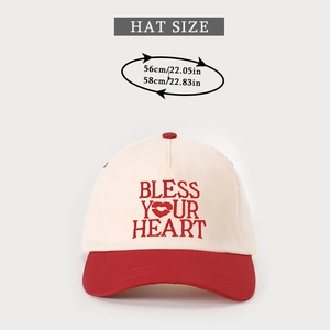 Detailed view of bicolor baseball cap with Bless Your Heart embroidery and size guide