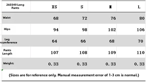 Detailed size chart for high waist trousers including waist hip and length measurements
