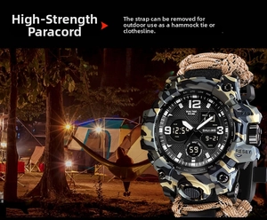 Detail of multi-functional tactical watch featuring dual display and woven paracord strap