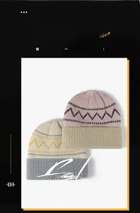 Detail showing two-tone knitted beanies with warm fleece lining and zigzag stripes