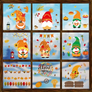 Autumn Thanksgiving Window Clings Gnomes Pumpkin Maple Leaf PVC Static Stickers For Glass Decor Both Sides Printing