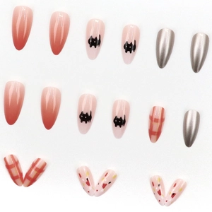 Almond press-on nails set with pink gradient, cat patterns, and red plaid textures