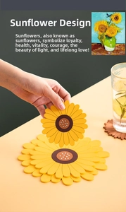 Macro shot of flexible sunflower silicone placemats in large and small sizes for heat insulation