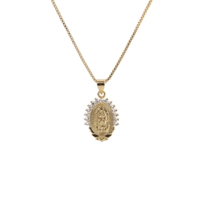 Detailed close-up of a gold-plated Virgin Mary oval pendant necklace with CZ stones