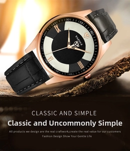 Close-up of YAZOLE men's business watch with rose gold case and black leather strap