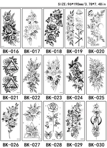 Collection of 15 black and white floral and geometric sketch tattoo stickers set